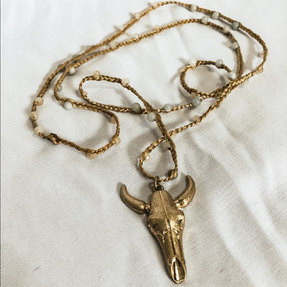 Gold Cow Skull Pendant Necklace with Jade Beads